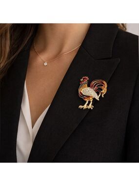 Colorful Red & Gold Enamel Rooster Brooch with Rhinestones